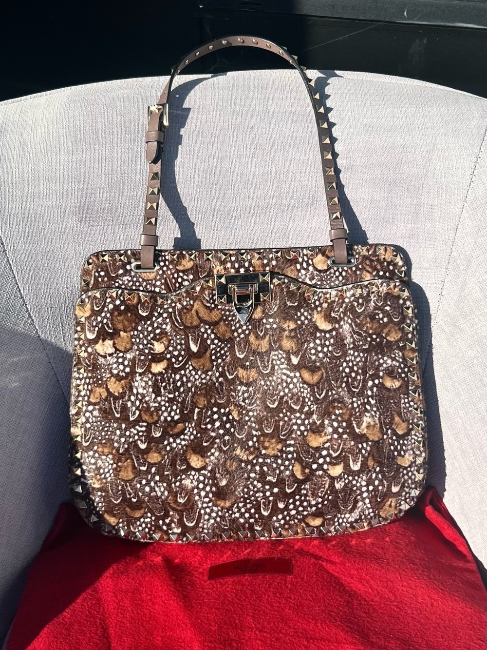 Valentino Garavani Rockstud Pony Hair  Feather Print Bag